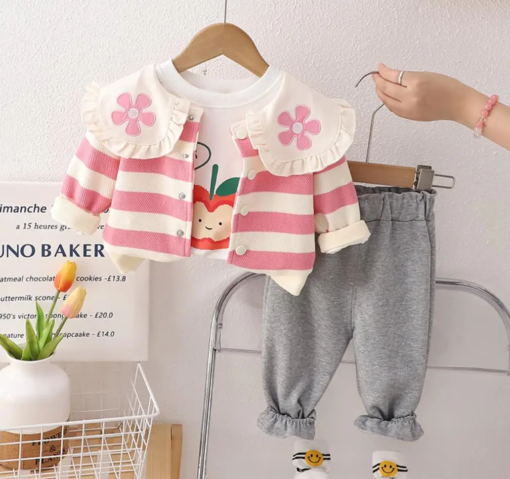 

Infant Birthday Outfits Spring Autumn Kids Cartoon Striped Flowers Cardigan Jacket+Shirts+Pants 2Pcs Clothes Set Girl Tracksuits