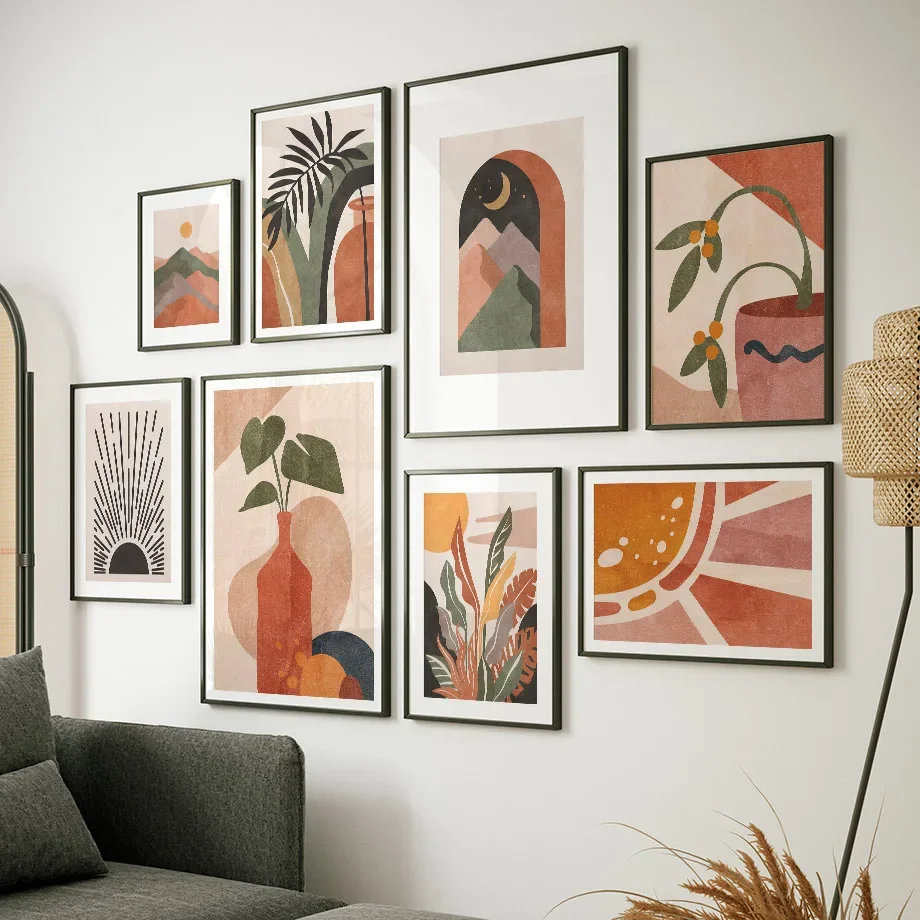 Boho Abstract Landscape Geometry Mountain Rainbow Sun Leaf Wall Art Print Canvas Painting Vintage Poster Living Room Home Decor