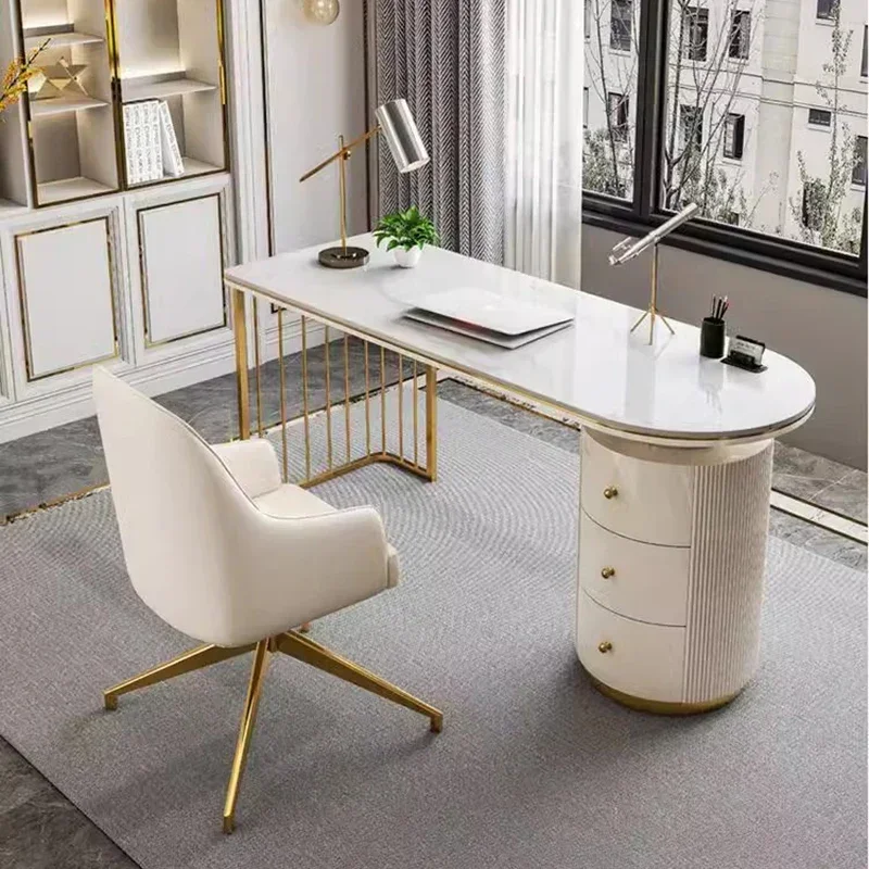 Modern Office Wooden Computer Desk White Executive Desk with Gold Metal Legs Workstation for Home Office Study Writing Desk