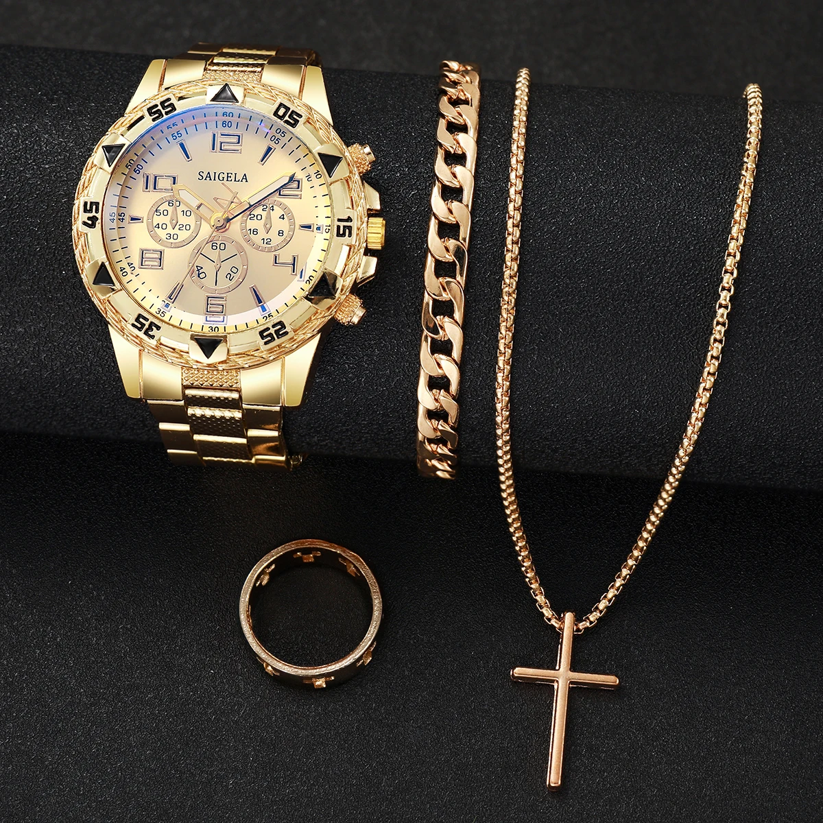 4PCS/Set Men's Watch Set Fashion Handsome Men's Hip Hop Style Business Quartz Watch with Bracelet, Necklace, Ring Set