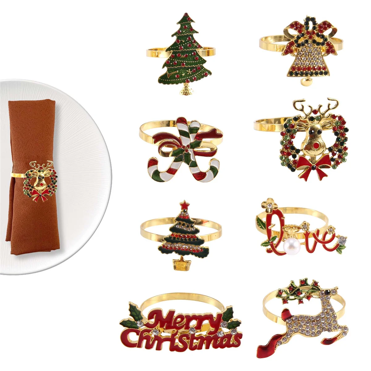 

Рождественские кольца для салфеток-набор из 8 держателей для салфеток, кольца для праздника, Рождественское украшение для стола, Пряжка для салфеток с оленем