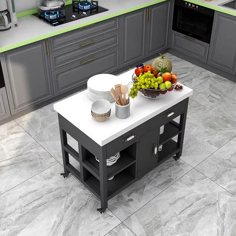 Open marble kitchen island table material table removable side cabinet wrought iron light luxury dining storage tabl