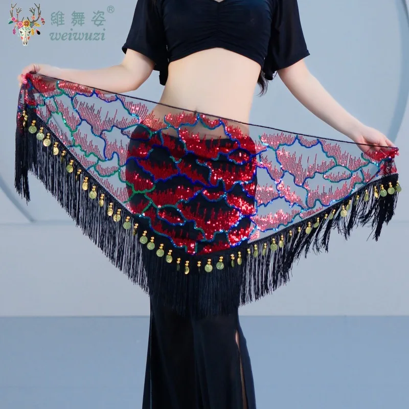 أنيقة أداء الرقص الشرقي الترتر شرابة الخصر وشاح الورك مثلث وشاح الإناث الرقص الشرقي ممارسة التفاف تنورة الملابس