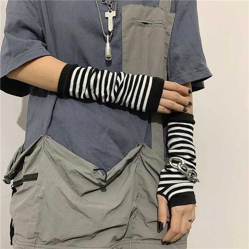 Fingerless Gloves Black Punk Long Fingerless Gloves Cuff For Women Men Sport Outdoor Gloves Elbow Mittens Cool Stretch Arm Warmer Y2k Accessories