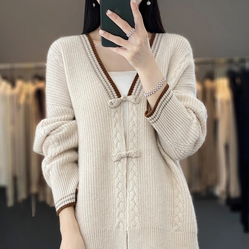 

Cashmere Cardigan Women's Autumn Winter New V-neck Medium Length Luxury Wool Sweater Coat Thick Knit Cardigan Jacket Ladies Tops