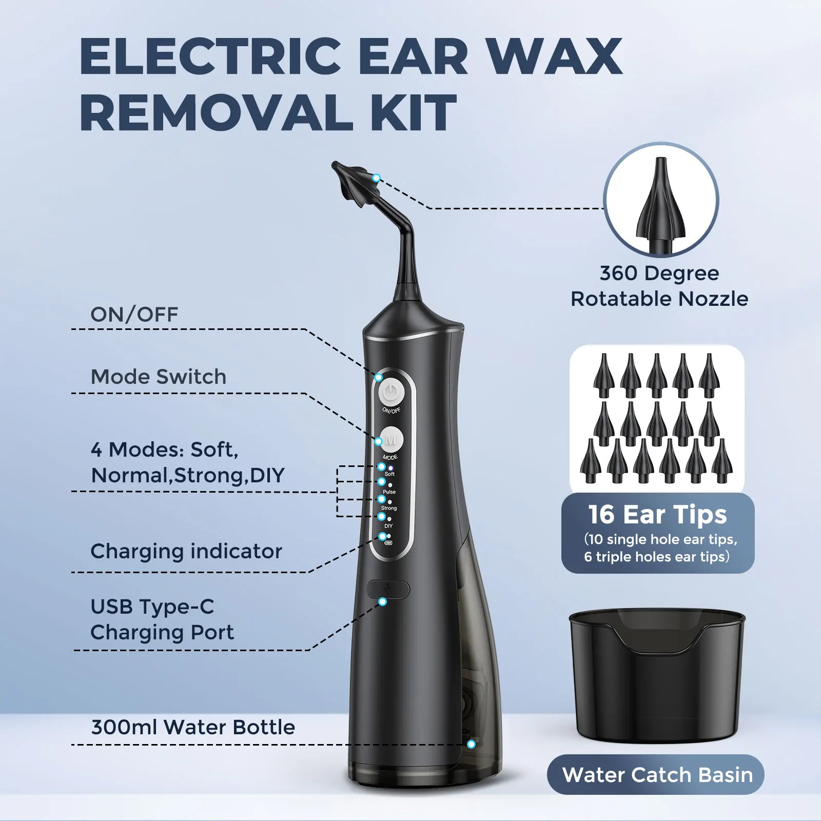 2024 Electric Ear Wax Removal Kit, Water Powered Ear Cleaning Tool with Irrigation Flusher 4 Pressure Settings Safety Ear Washer 4