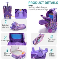 3PCS set Rolling Backpack For Girls Wheeled School BookBag With Lunch And Pen Bag Purple Unicorn Cute sequin Glow-in-the-dark 6