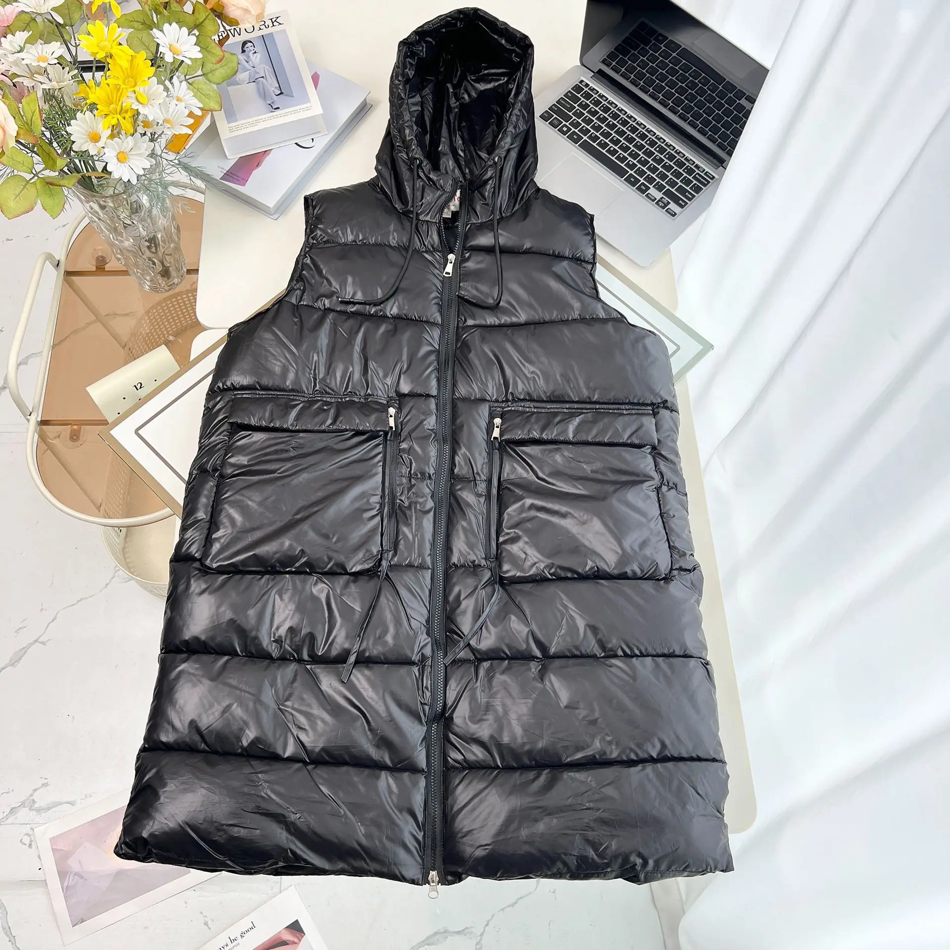 XXXXXL Fashion Plus Size Women's Parka New Winter Style Warm Mid Length Hooded Padded Vest Sleeveless Zipper Long Waistcoat 6879