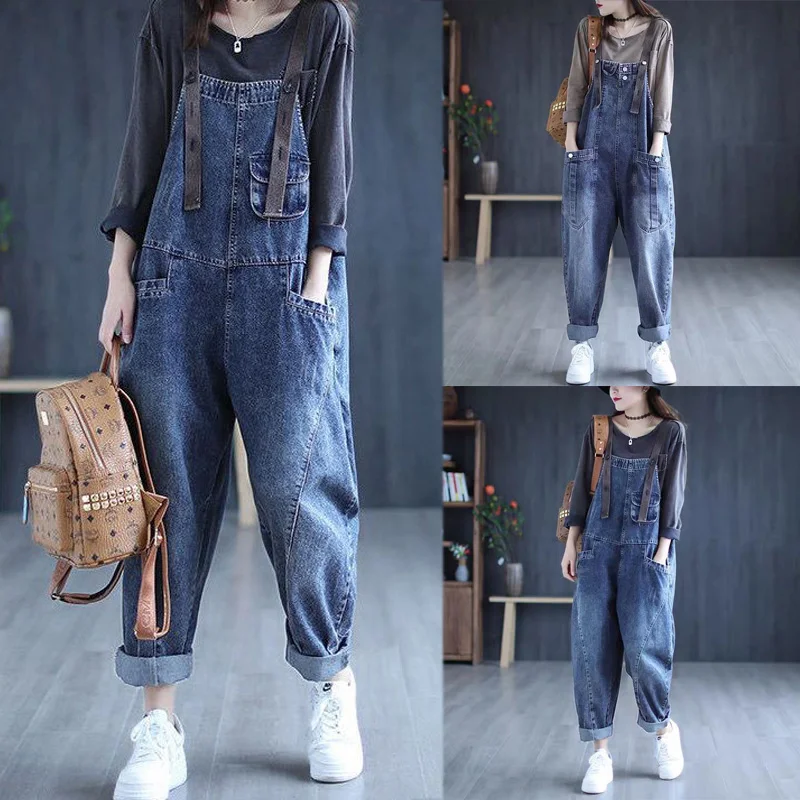 Women's Retro Loose Jeans Jumpsuit Spring Autumn Plus Size Fashion Harem Pants Overalls with Big Pockets Ladies Streetwear polka dots print women jumpsuit suspender loose wide leg ladies playsuit sleeveless pockets high waist long rompers dungarees