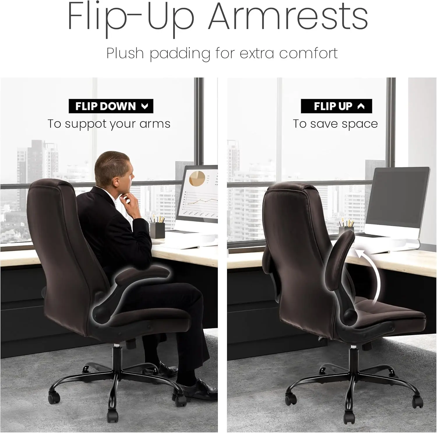 Ergonomic Office Desk Gaming Computer Chair Executive High Back Support Flip-up Arms Adjustable Height Swivel Rolling Wheels