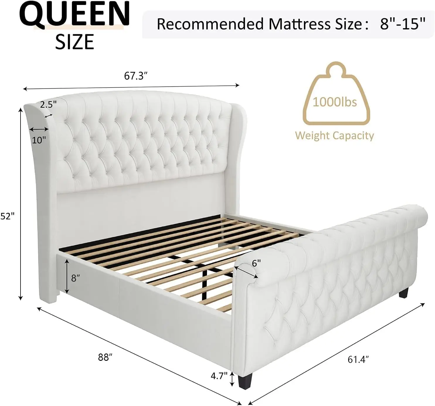 2025-hotQueen Size Platform Bed Frame, Chenille Upholstered Sleigh Bed with Scroll Wingback Headboard & Footboard/Button Tufted
