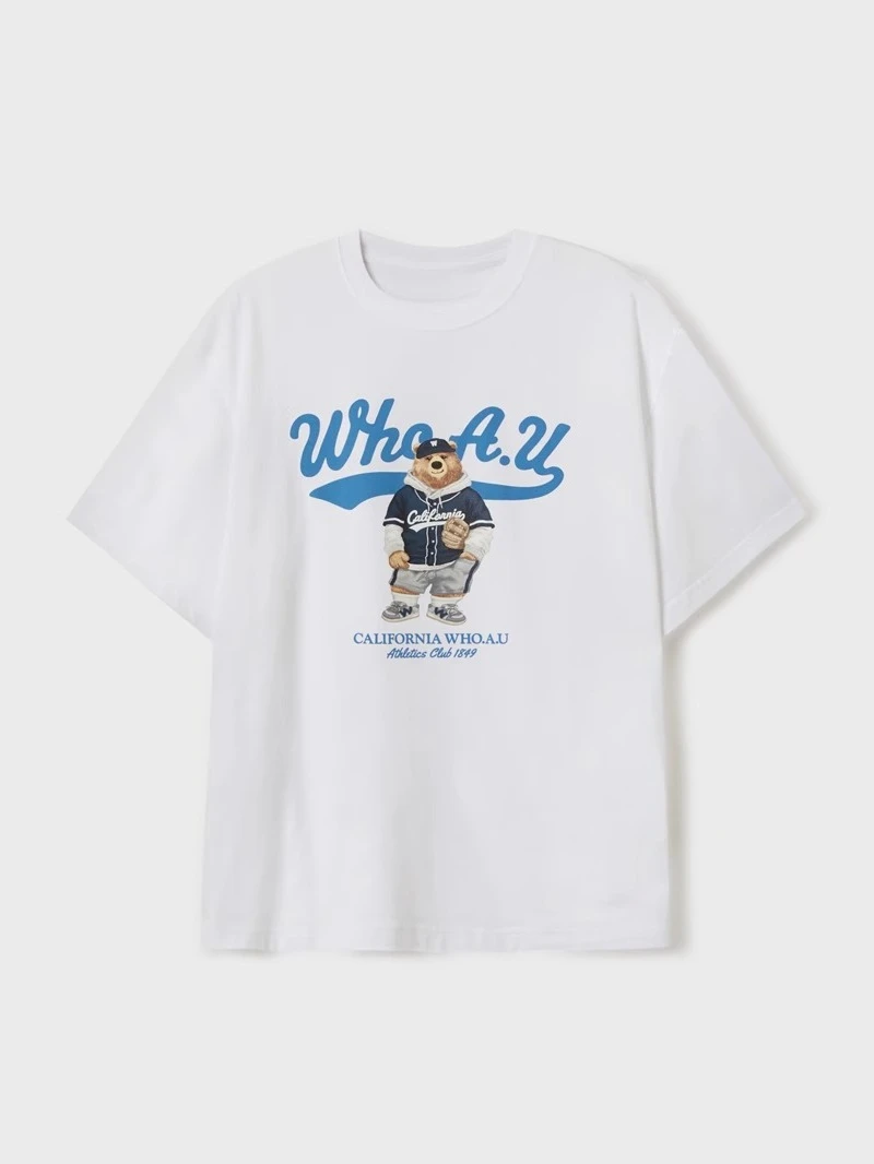 WHOAU 25 Early Spring Korean Version College Cute Bear Print Short-sleeved T-shirt for Men and Women Trend New Fashion