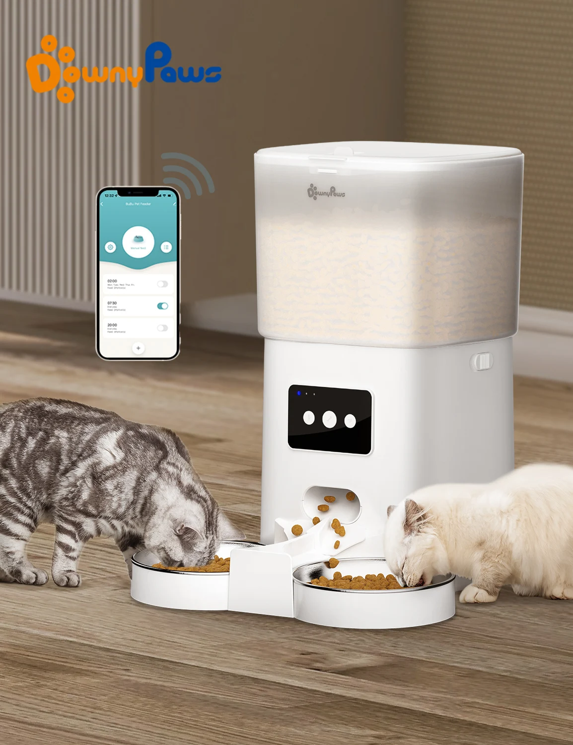 Downypaws Automatic Cat Feeder 6l Wifi App Control Pet Kibble Dispenser