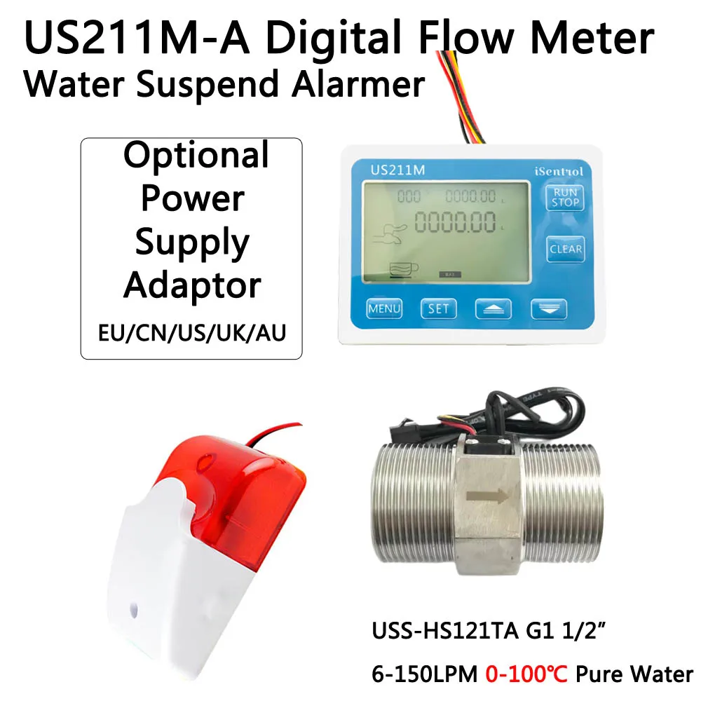 

US211MA Water Flow Meter Totalizer Alarmer and SUS304 USS-HS121TA 100℃ Degree Liquid Flow Senor Turbine flowmeter G1 1/2“" BSPP