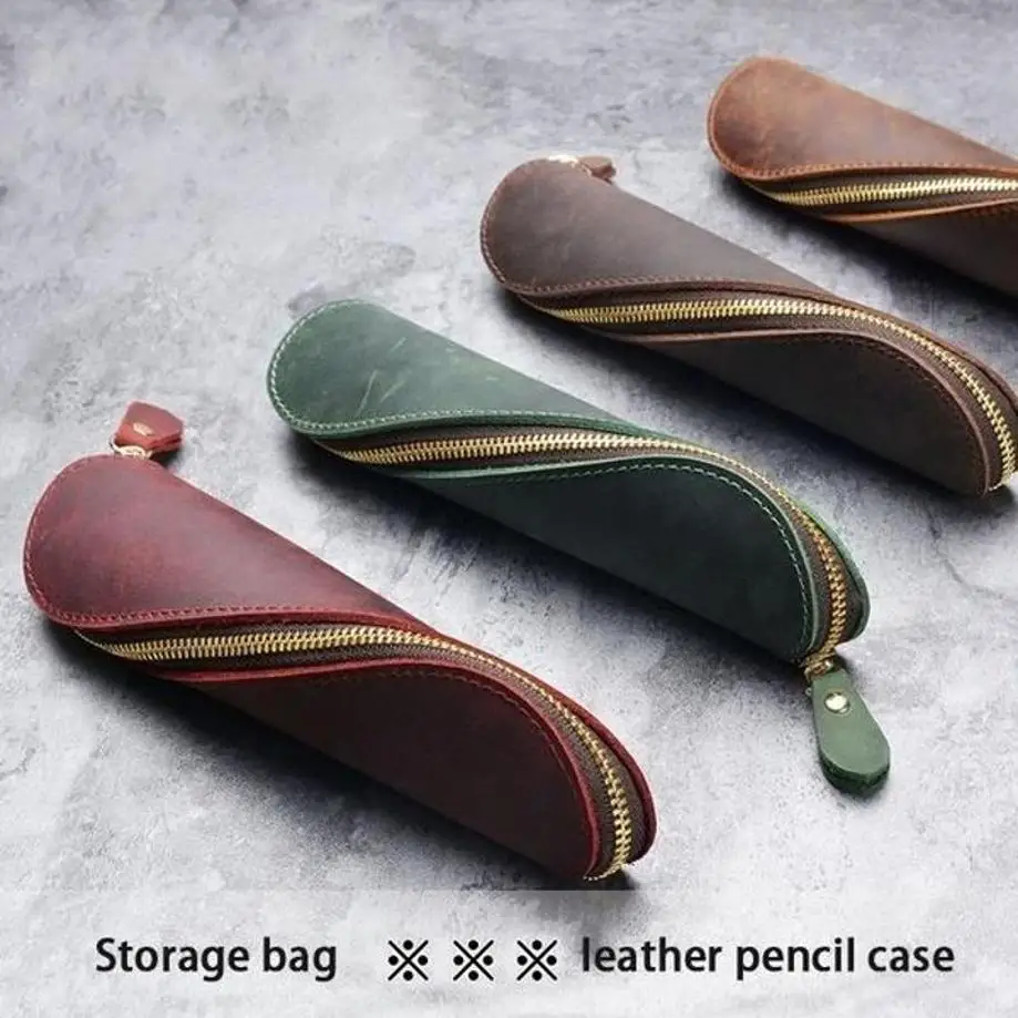 PU Leather Pencil Bag Handmade Pen Pouch Make Up Cosmetic Brush Storage Case Organizer Student Stationery Bag Portable Tool Bag