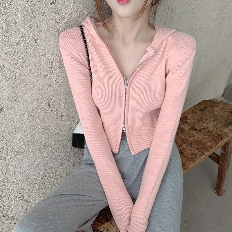 

Autumn Winter Wild Long Sleeve Pink Hooded Sweater Crop Zipper Cardigan Knitted Coat Sueters De Mujer Korean Fashion Sweet Tops