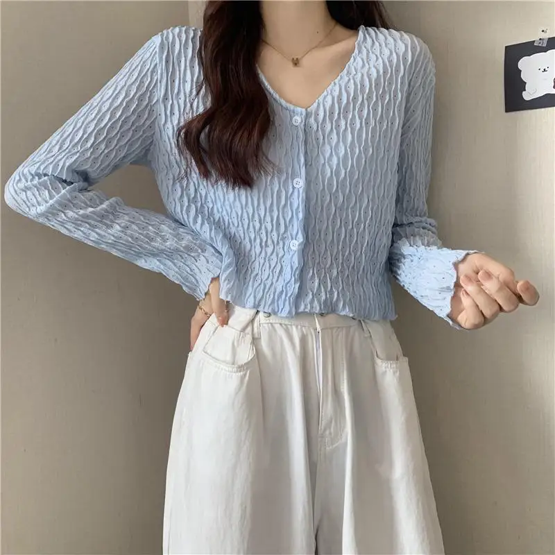 

Hollow Out Hook Solid White Crop Cardigan Knitwear Button Up V Neck Slim Long Sleeve Sweaters Women Sautumn White Streetwear