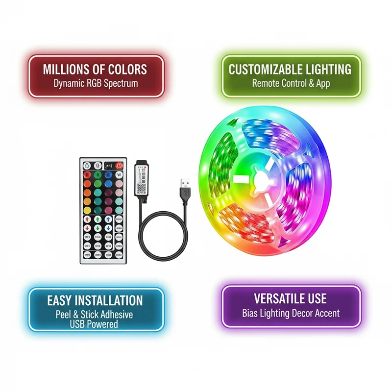 Smart RGB LED Strip Lights with WiFi App Control – Flexible Room Decor Lamp Tape