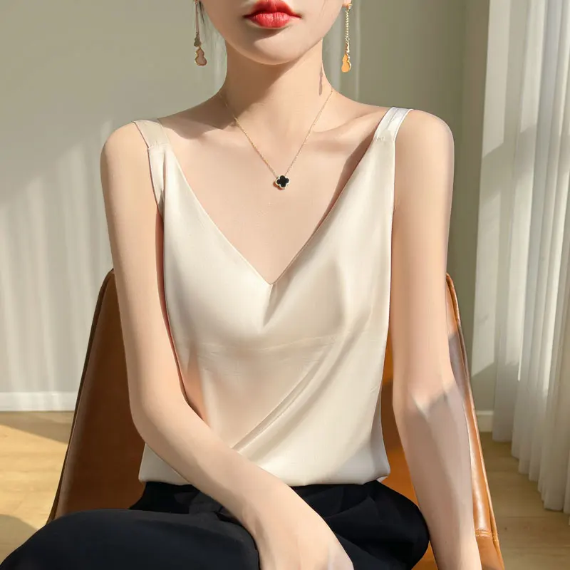 2024 Summer New Women's V-neck Tank Top, Solid Color Sling,camisole, Outgoing, Underlying，Outerwear and Underwear
