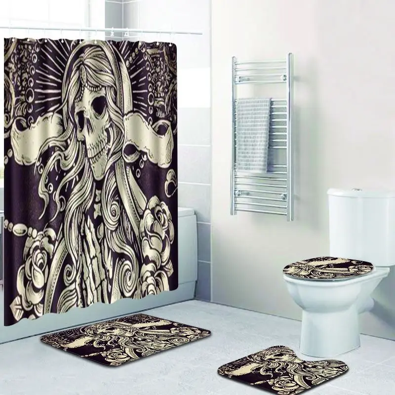 Customized Logo Photo Bathroom Set Waterproof Shower Curtain with Hooks Toilet Cover Mat Bath Decor 4Pcs/set POD Dropshipping