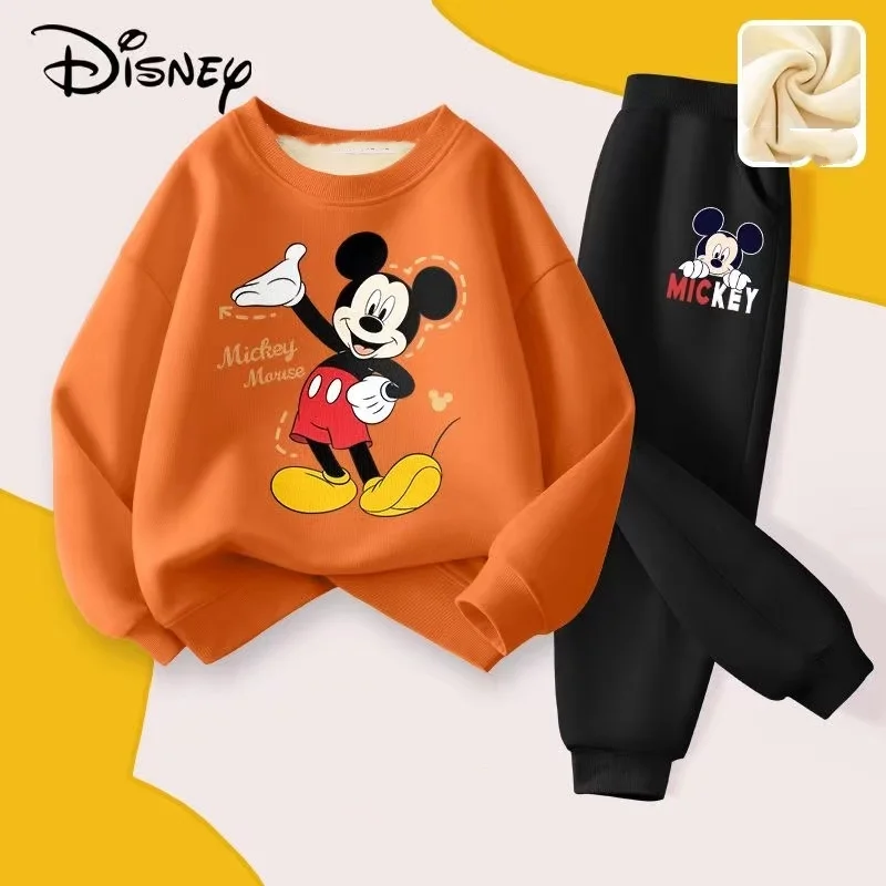 Winter Baby Girl Clothes Set Kid Boy Disney Mickey Sweatshirts Pullover & Pants 2pcs Suit Children Long Sleeve Plush Warm Suit 5