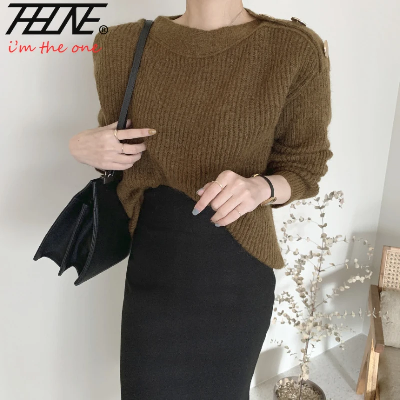

THHONE Women's Sweaters Jumpers Pullovers Sweet Mohair One-line Neck Long-sleeved Autumn Winter Korean Elegance Loose Knitwears