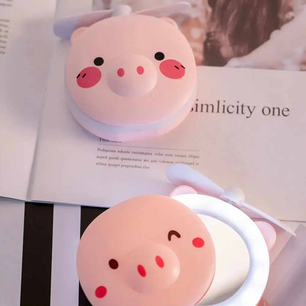 Handheld Cartoon Makeup Mirror with Fan Creative Cute Pink Piggy Fan LED Light USB Rechargeable Led Cosmetic Mirror Outdoor
