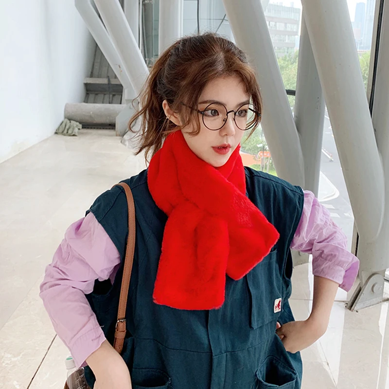 여성용 인조 토끼 모피 봉제 단색 부드러운 스카프, 크리스마스 선물, 목 칼라 따뜻한 물건, 겨울