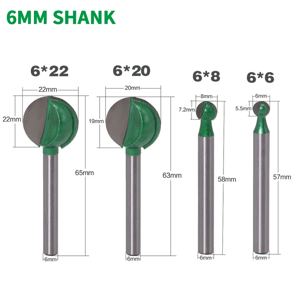 

4PCS/Set 6MM Shank Milling Cutter Wood Carving Ball Nose Round Carving Cove Milling Bit Radius Core Tungsten Carbide Router Bit
