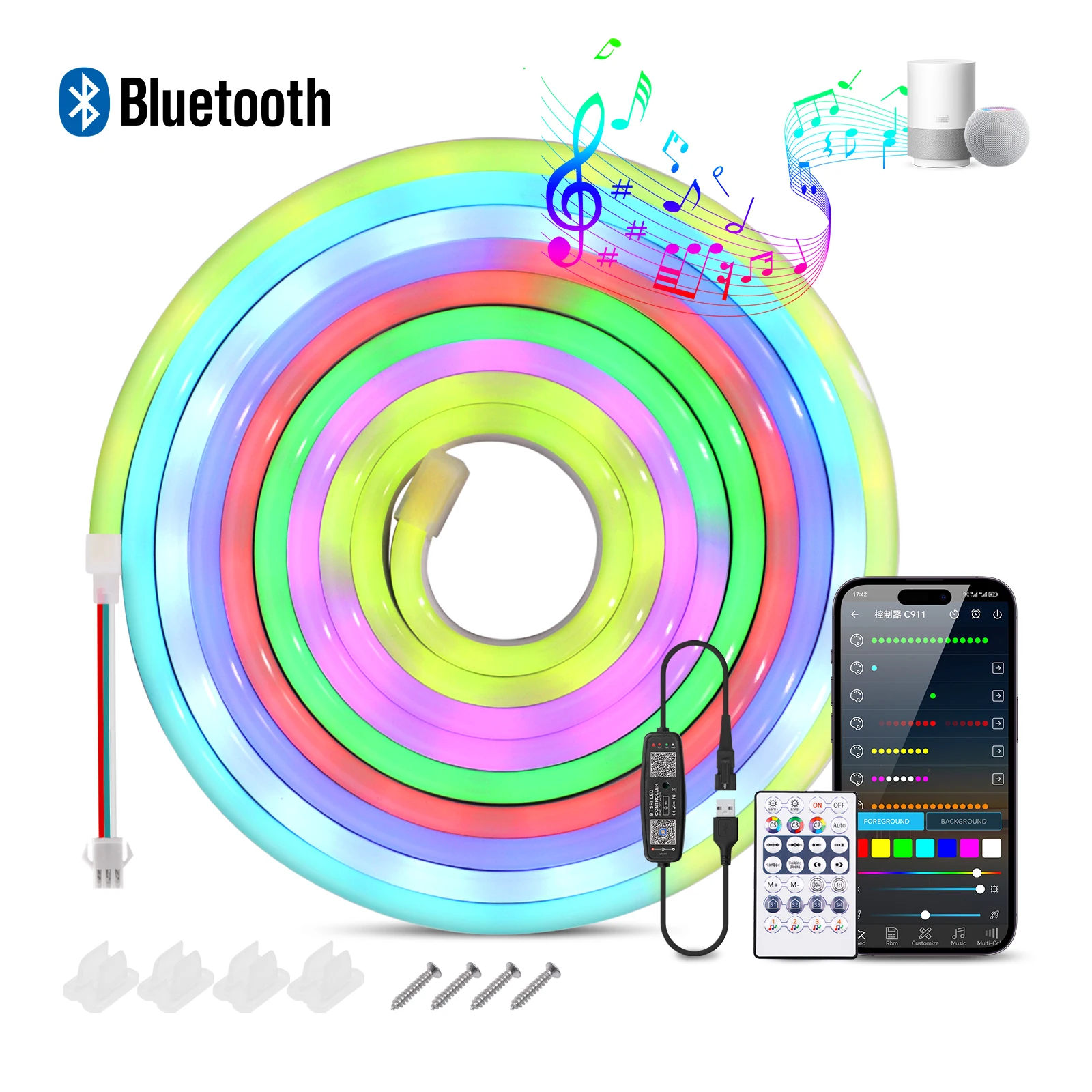 RGB USB WS2812B Flexible LED Neon Light Strips – Waterproof Bluetooth Music Sync, 7x13mm