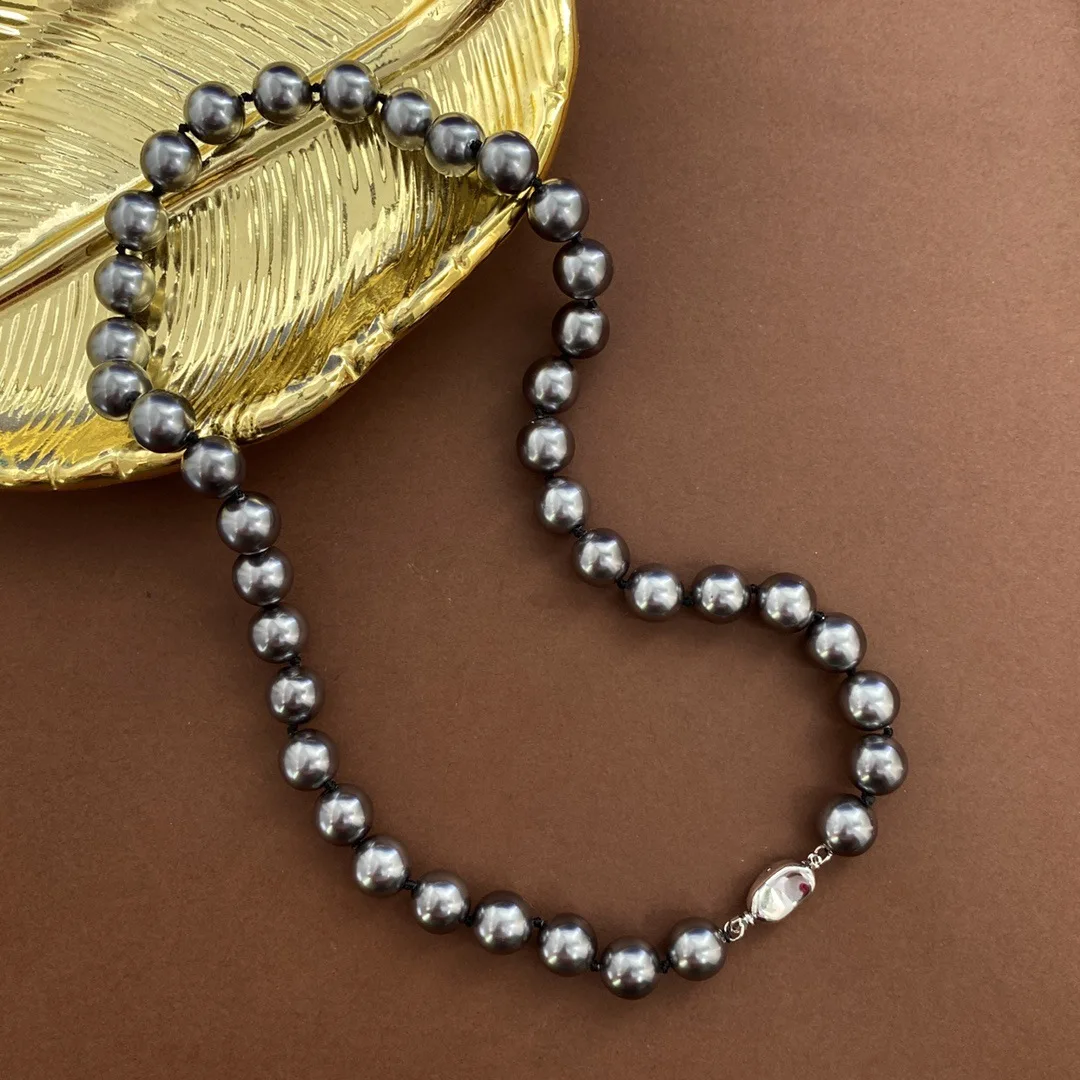 Women's wild gold ingot buckle 10mm round pearl necklace