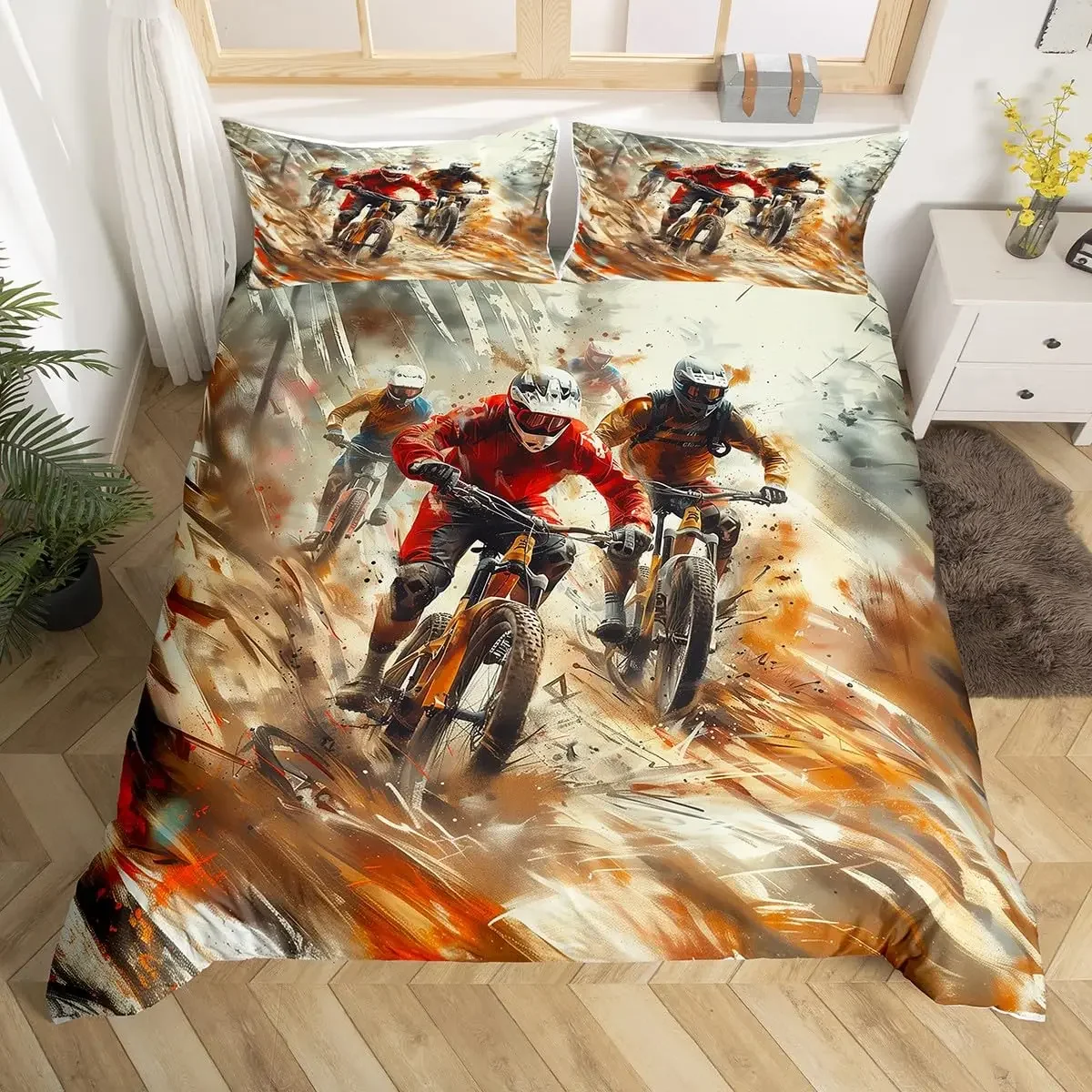 Bicycle Rider Duvet Cover Toddler Size for Kids,Mountain Bike Bedding Set for Teens Adults,Watercolor Quilt Cover
