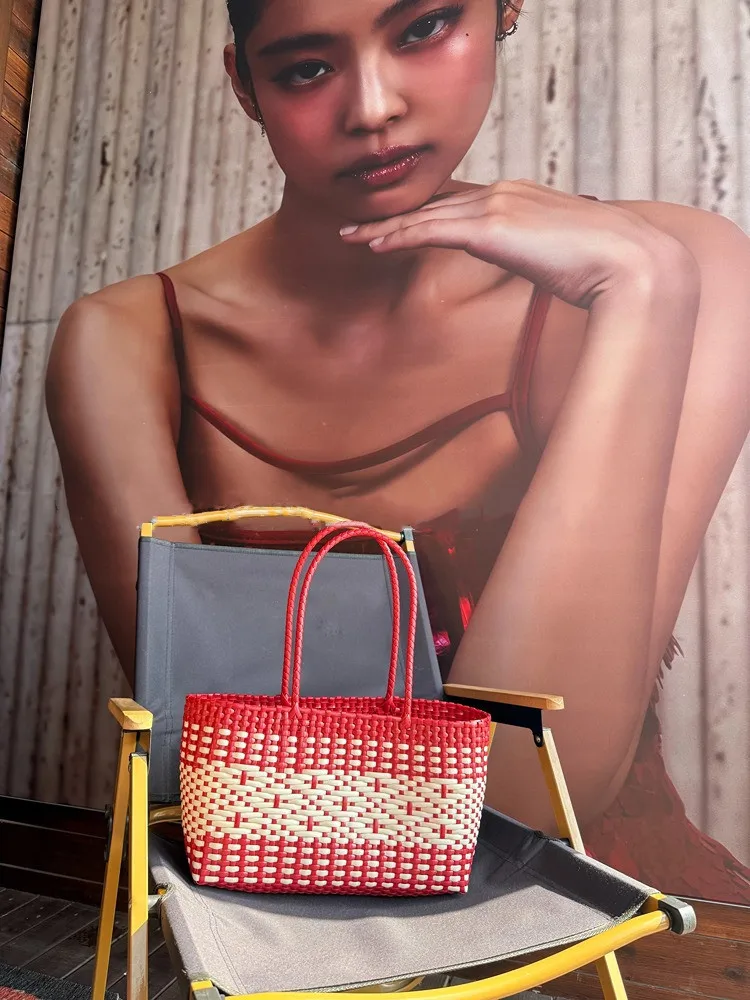 Plastic Woven Women's Handbag Handmade Bohemia Storage Basket Contrast Tote Bag Designer Summer Beach Bag Female Shoulder Bags