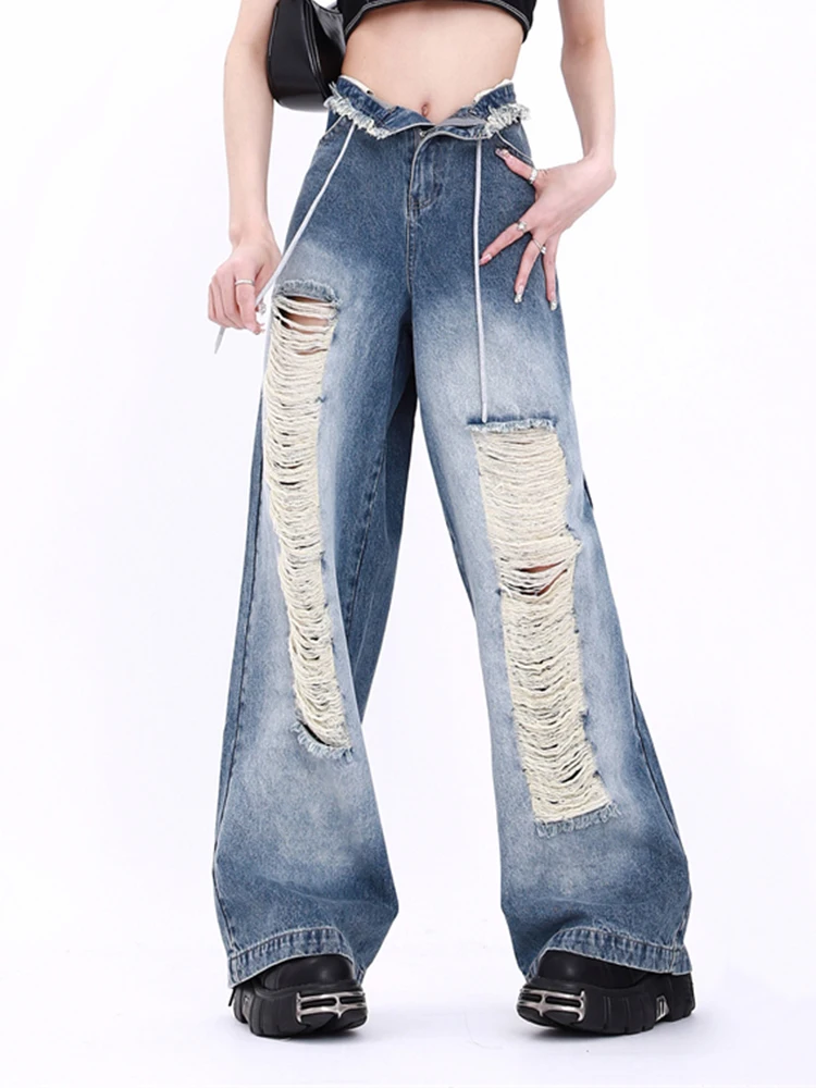 2023 Holes Ripped Straight Pants Women Jeans High Waist Loose Wide Leg Trousers Ladies Jeans Y2K Summer High Street Cargo Pants fashion straight ladies jeans women high waist and slim 2023 new holes ripped demin pants