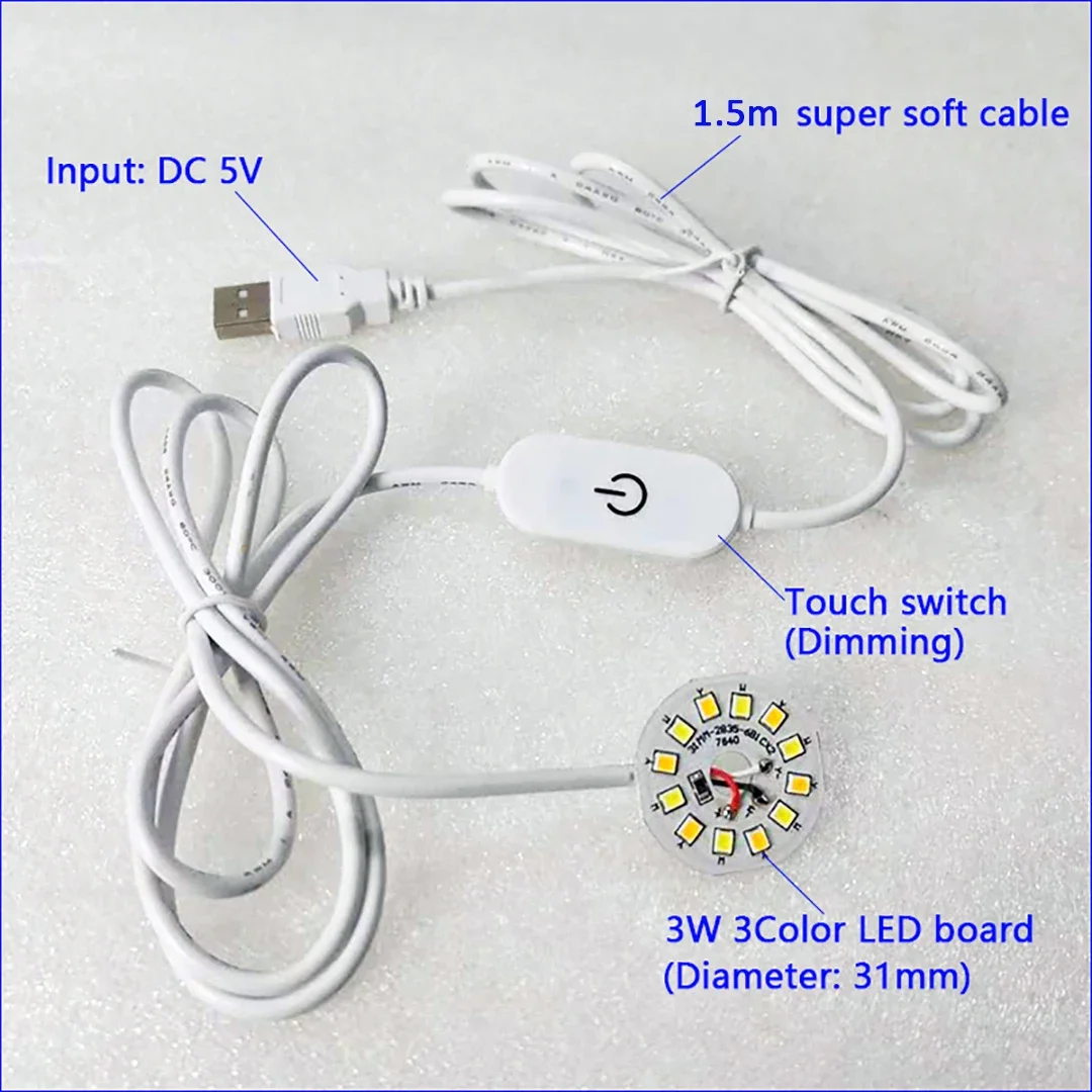 Description Picture 4 of item1.5m Line Length DC 5V USB LED Lights 3 Colors 3W 10W Desk Book Lamp with Touch Switch Dimmable Bedroom Reading USB Night Light