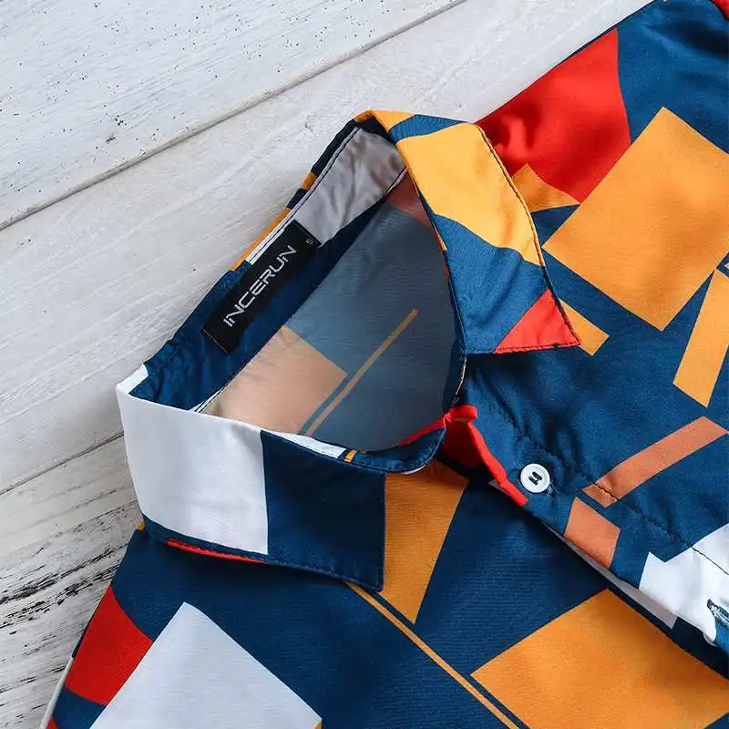 INCERUN Summer Men Beach Shirt Geometric Print Short Sleeve Lapel Neck Button Leisure Hawaiian Shirts Men Streetwear S-5XL
