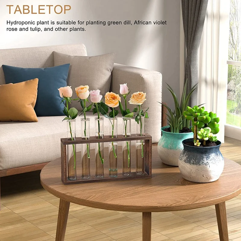 Plant Terrarium With Wooden Stand, Desktop/Wall Hanging Live Plant Propagation Station Planters Glass Tubes Hydroponic 4