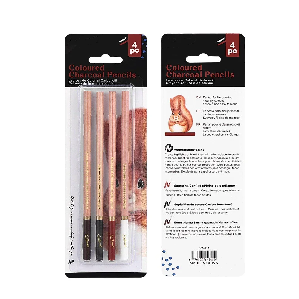 4-piece Color Sketch Charcoal Pen Set Art Student Sketch Drawing Art Supplies Easy to Color Highlight Pencils