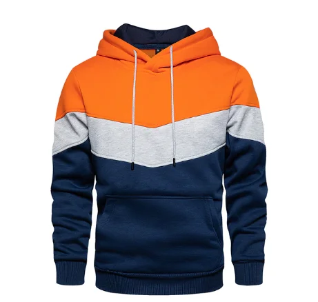 Naranja Gris Azul - Sudadera Deportiva Tricolor con Capucha y Bolsillos
