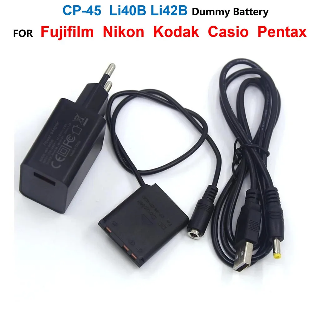 

CP-45 Coupler Li40B Li42B Dummy Battery+Power Bank Charge Adapter+USB Cable For Pentax D-Li63 Fuji NP45 Nikon EN-EL10 KLIC-7006