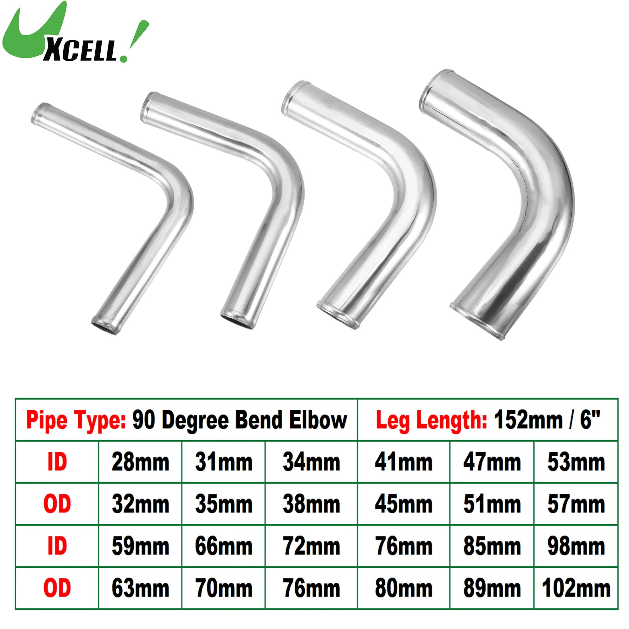 UXCELL Außendurchmesser 32–102 mm Beinlänge 152 mm Auto-Schlauch aus Aluminiumlegierung, Ladeluftkühlerrohr, 90-Grad-Biegung, Ellenbogen-Lufteinlass-Schläuche