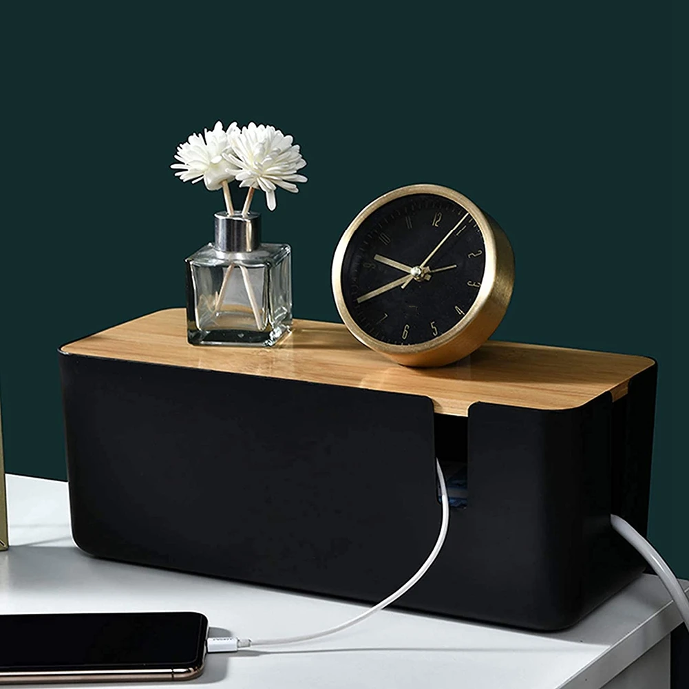 T10C대나무 뚜껑이 있는 케이블 관리 상자 연장 코드용 소형 케이블 정리 상자 전원 스트립 서지 보호기