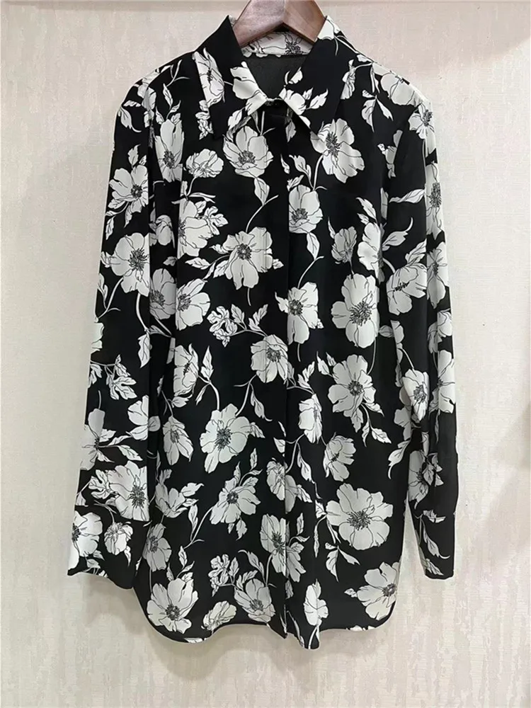 

Women Shirt Floral Print Loose Turn-Down Collar Elegant Temperament Long Sleeve Ladies Single Breasted 100% Silk Blouse