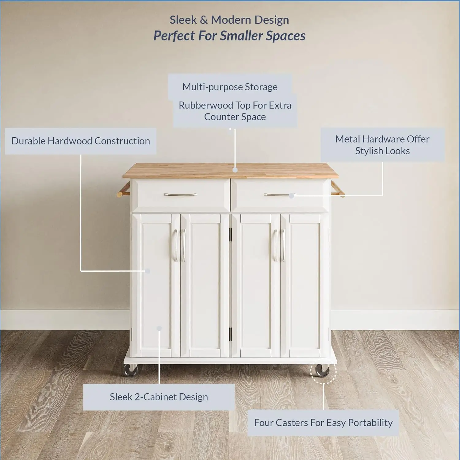 Rolling Kitchen Island Cart on Wheels with Storage Cabinet, Mobile Kitchen Cart Island Table with 2 Drawers Towel Racks Rubber