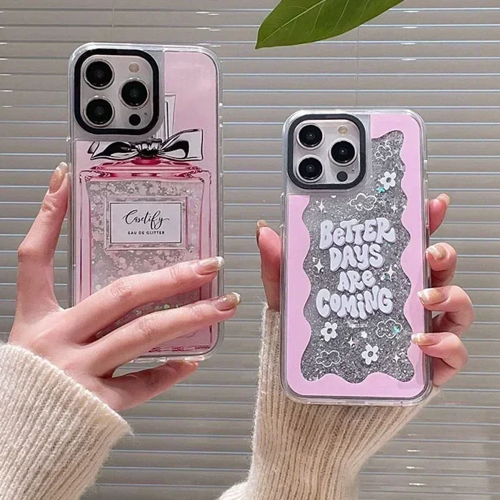 Transparent Border Silver Quicksand Perfume Bottle iPhone 12 13 14 15 Pro Max Case - Protective iPhone Case