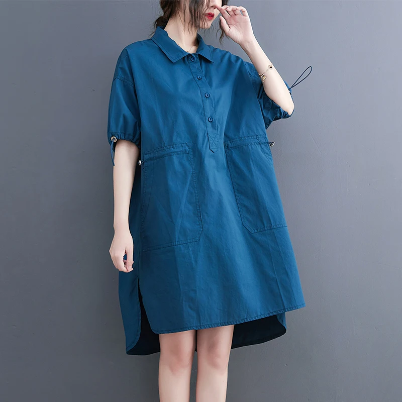 

2022 New Arrival Korea Style Polo Collar Draw String Chic Girl's Street Fashion Summer Blouse Dress Loose Women Casual Dress