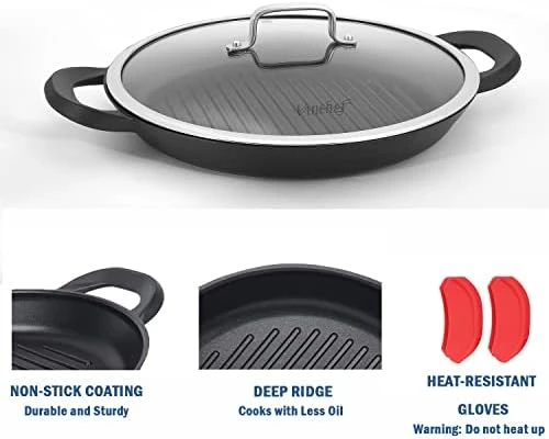  FCUS Grill Pan for Gas Stove Top, Grill Pan for Electric Stove  Top Nonstick, 13 Inch Grill Pans for Ovens Safe, Cast Aluminum Griddle Pan  with Lid, Induction/Dishwasher Safe, Indoor/Outdoor: Home