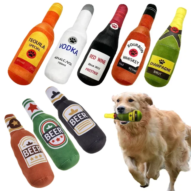 Funny Plush Dog Toys Beer Bottle Shaped Small Large Dogs Squeak Sound Clean Teeth Chew Toy Pets Interactive Playing Supplies