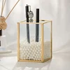 Golden Cosmetic Storage Box Desktop Lipstick Finishing Glass Plaid Jewelry Classification Storage Makeup Brush Organizer WF 3