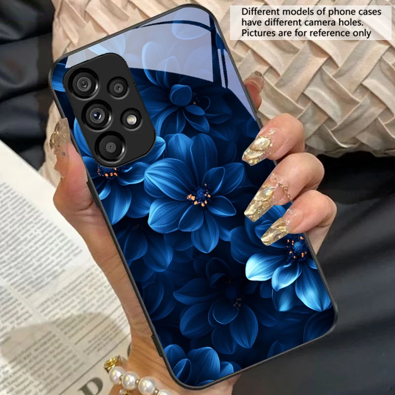 Blue and White Floral Black Tempered Glass Phone Case